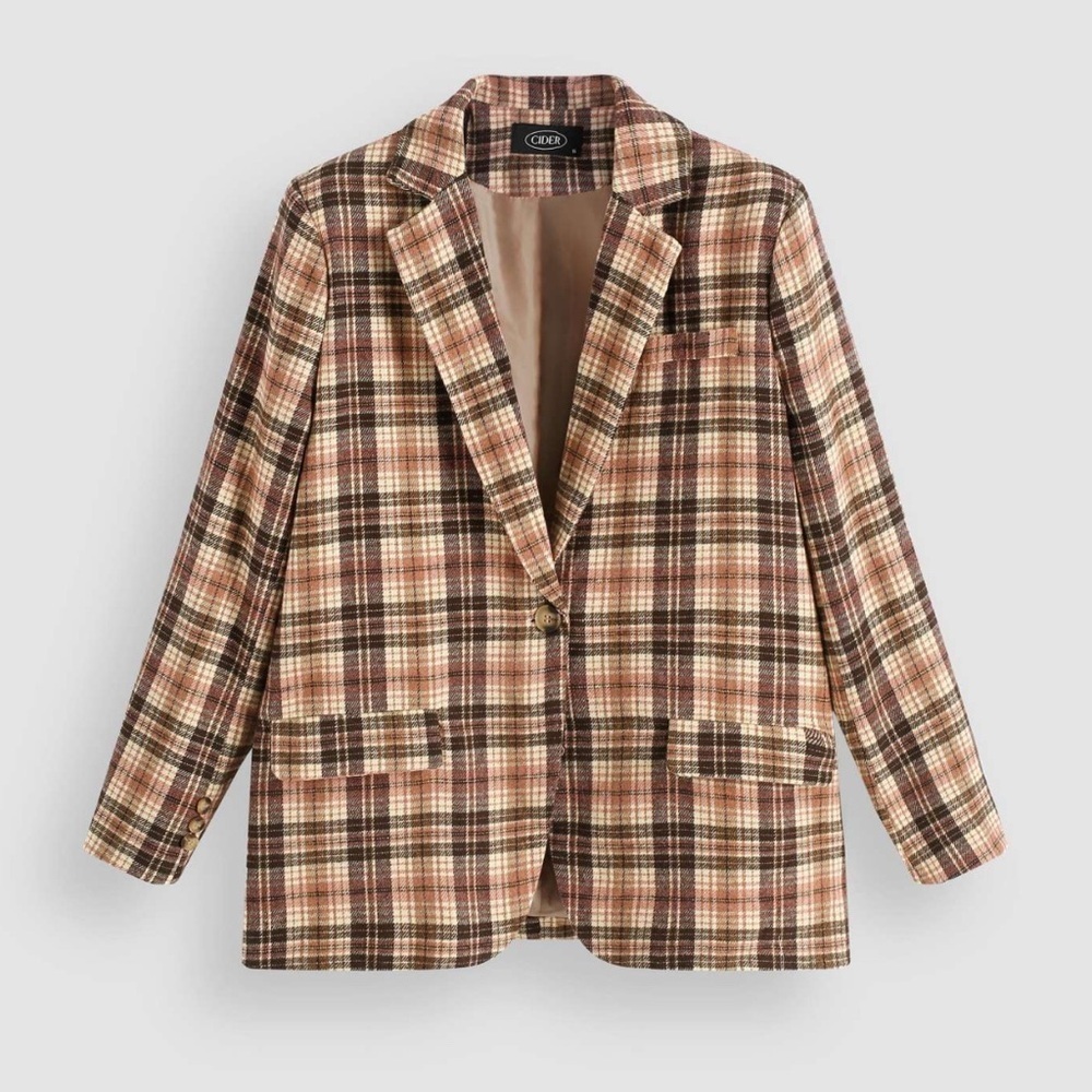 Cider Retro Plaid Pattern Blazer Womens Size Small Camel Brown Pink Oversized - Picture 1 of 5